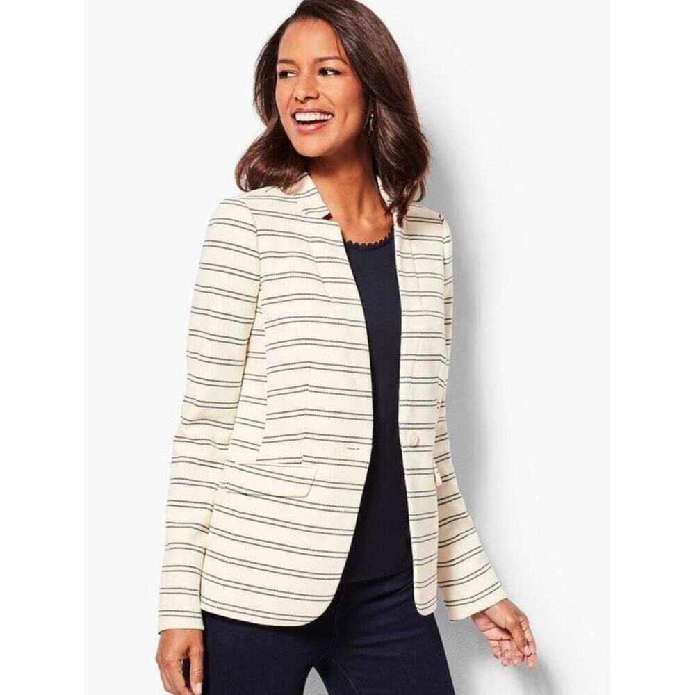 Talbots Stripe Waffle Stitch Blazer White Blue‎ Sz 10